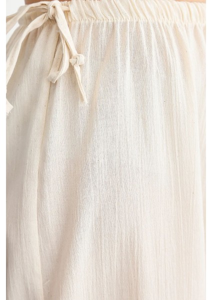 Kadın Yaylı ve Yandan Bağlamalı Bol Bacaklı Pantolon Natural