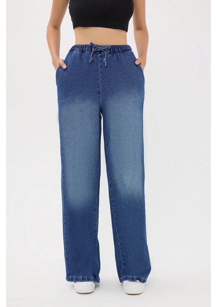 Kadın Yüksek Bel Fermuarlı Denim Pantolon Peygamber Çiçeği Mavisi