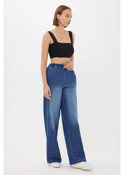 Kadın Yüksek Bel Fermuarlı Denim Pantolon Peygamber Çiçeği Mavisi