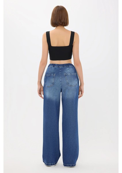 Kadın Yüksek Bel Fermuarlı Denim Pantolon Peygamber Çiçeği Mavisi