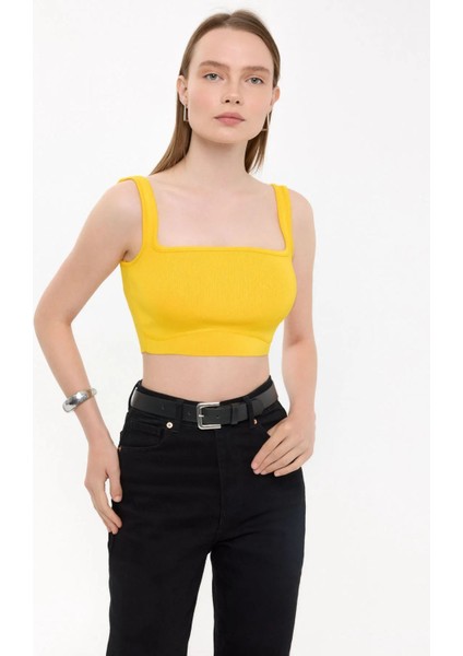 Kadın Kare Yaka Kolsuz Crop Top Yellow