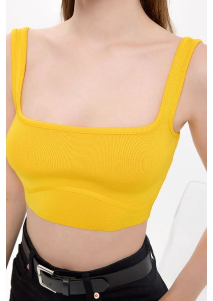 Kadın Kare Yaka Kolsuz Crop Top Yellow