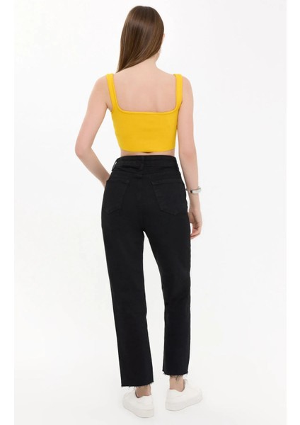 Kadın Kare Yaka Kolsuz Crop Top Yellow