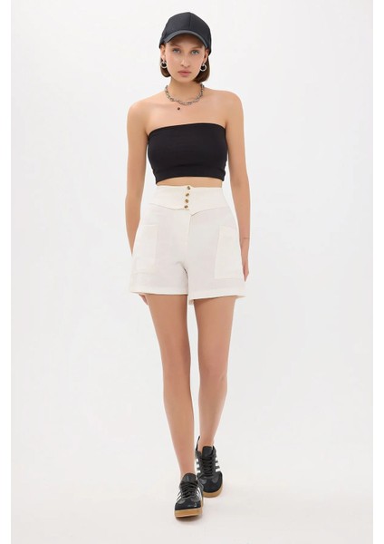 Kadın Yüksek Bel Kemer Detaylı Dokuma Şortlar Natural