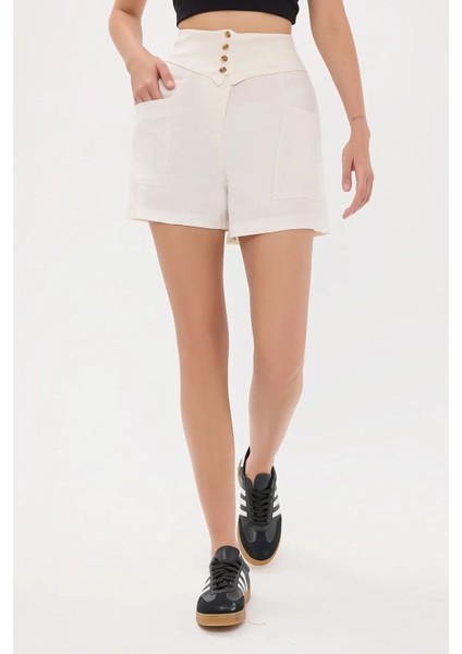 Kadın Yüksek Bel Kemer Detaylı Dokuma Şortlar Natural