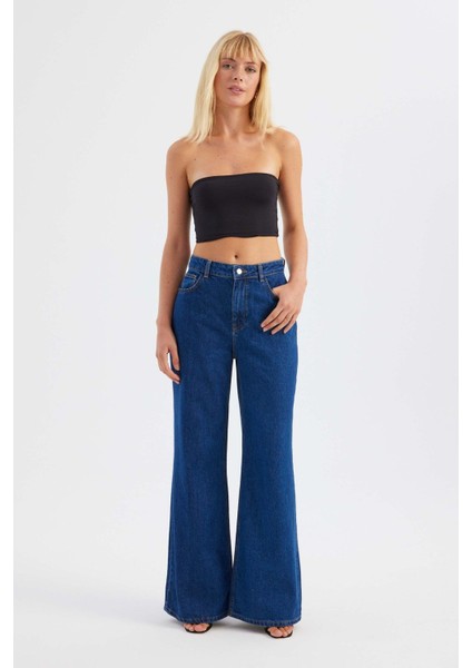 Kadın Yüksek Bel Düz Bacaklı Kot Pantolon Koyu Mavi Denim