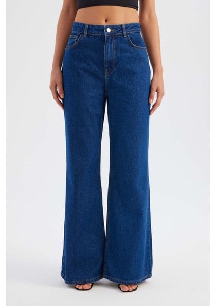 Kadın Yüksek Bel Düz Bacaklı Kot Pantolon Koyu Mavi Denim