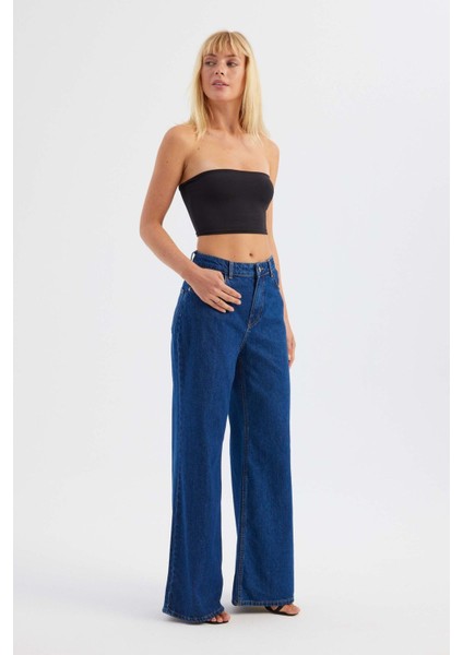 Kadın Yüksek Bel Düz Bacaklı Kot Pantolon Koyu Mavi Denim