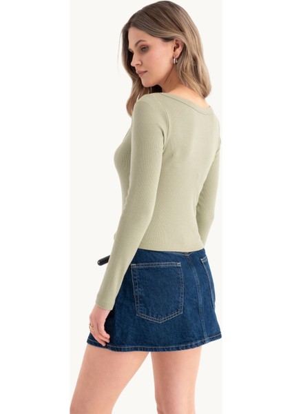 Kadın Uzun Kollu Temel Pamuk Crop Top Natural