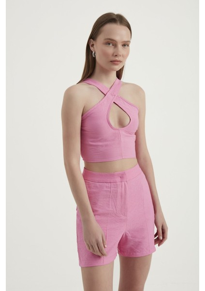 Kadın Sırtı Kesik Halter Crop Top Pink