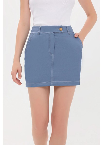 Kadın Yüksek Bel Dikiş Detaylı Mini Etek Blue
