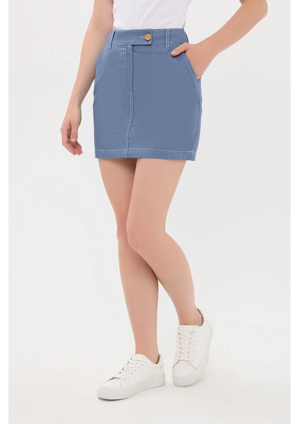 Kadın Yüksek Bel Dikiş Detaylı Mini Etek Blue