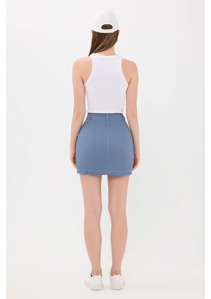 Kadın Yüksek Bel Dikiş Detaylı Mini Etek Blue