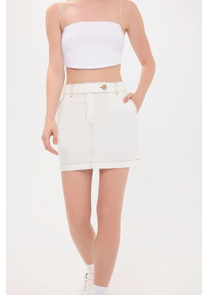 Kadın Yüksek Bel Dikiş Detaylı Mini Etek White