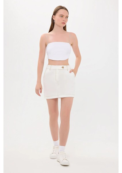 Kadın Yüksek Bel Dikiş Detaylı Mini Etek White
