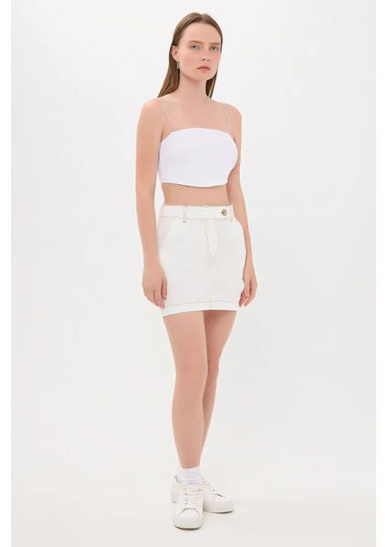 Kadın Yüksek Bel Dikiş Detaylı Mini Etek White