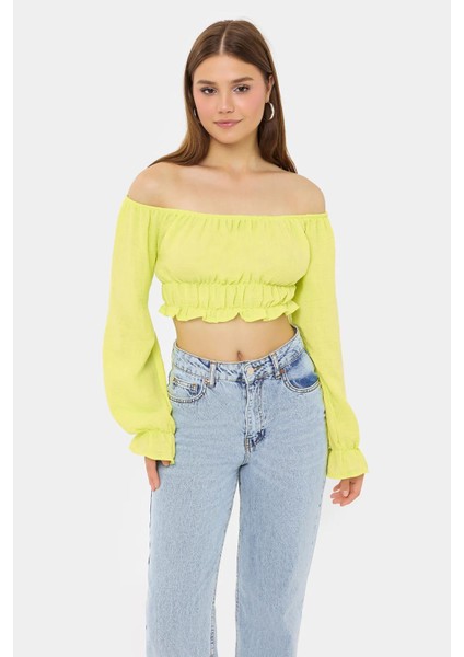 Kadın Omuzdan Askılı, Uzun Kollu ve Pilili Detaylı Keten Kısa Üst Sarı