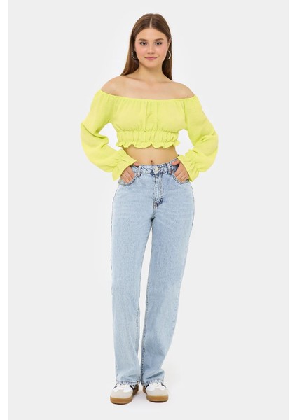 Kadın Omuzdan Askılı, Uzun Kollu ve Pilili Detaylı Keten Kısa Üst Sarı