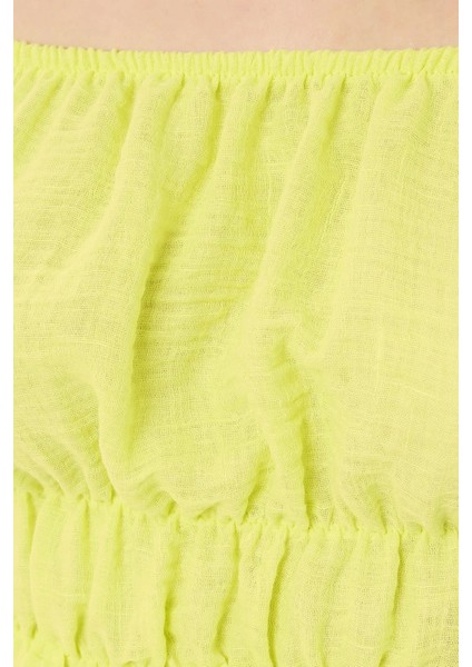 Kadın Omuzdan Askılı, Uzun Kollu ve Pilili Detaylı Keten Kısa Üst Sarı