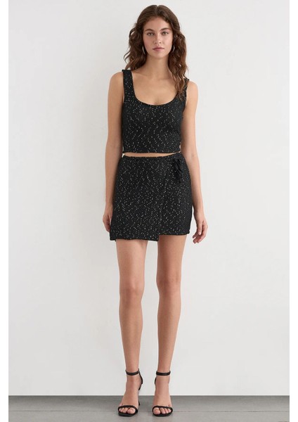 Kadın Sequin İşlemeli Örme Sarım Etek - Dikişsiz Kenar ve Kemerli Black