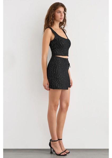 Kadın Sequin İşlemeli Örme Sarım Etek - Dikişsiz Kenar ve Kemerli Black