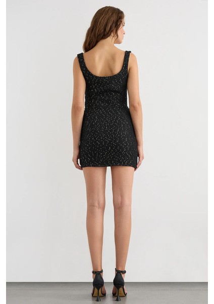 Kadın Sequin İşlemeli Örme Sarım Etek - Dikişsiz Kenar ve Kemerli Black