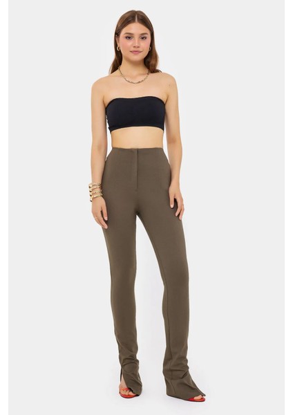 Kadın Yüksek Bel Slim Fit Pantolon - Fermuarlı Kapanış Brown