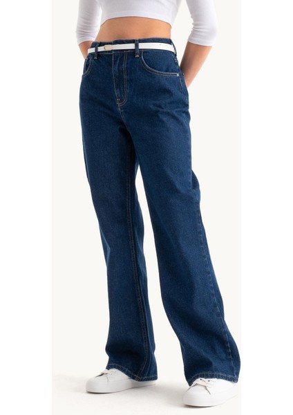Kadın Yüksek Bel Geniş Paçalı Kot Pantolon Koyu Mavi Denim