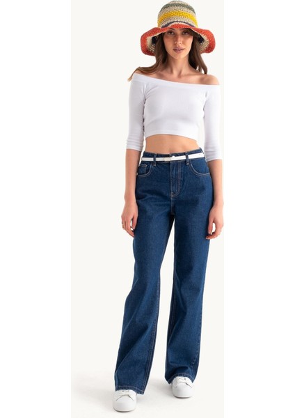 Kadın Yüksek Bel Geniş Paçalı Kot Pantolon Koyu Mavi Denim