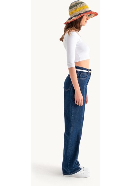 Kadın Yüksek Bel Geniş Paçalı Kot Pantolon Koyu Mavi Denim