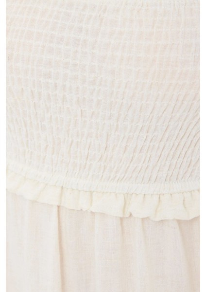 Kadın Sıkmalı İnce Askılı Midi Elbise Natural