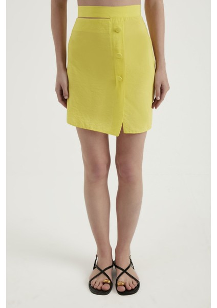 Kadın Düğmeli Yan Detaylı Yüksek Bel Mini Etek Yellow