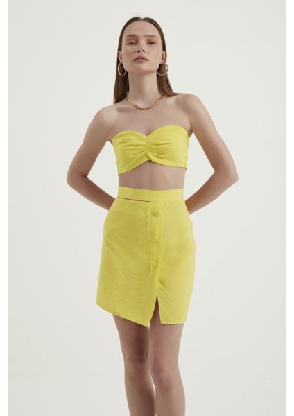 Kadın Düğmeli Yan Detaylı Yüksek Bel Mini Etek Yellow