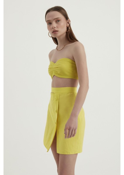 Kadın Düğmeli Yan Detaylı Yüksek Bel Mini Etek Yellow