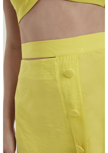 Kadın Düğmeli Yan Detaylı Yüksek Bel Mini Etek Yellow