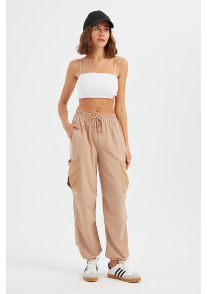 Kadın Bağcıklı Yüksek Bel Dokuma Jogger Pantolon Bej Doğal