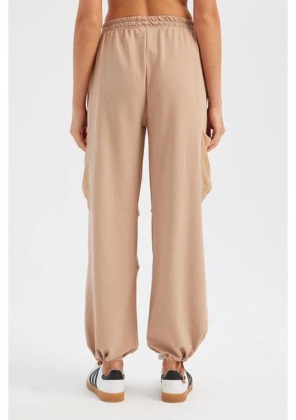 Kadın Bağcıklı Yüksek Bel Dokuma Jogger Pantolon Bej Doğal