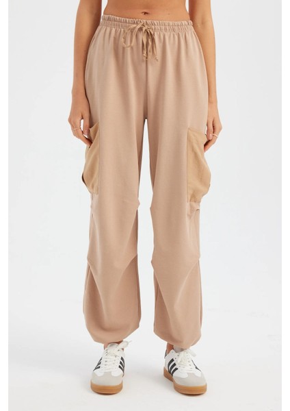 Kadın Bağcıklı Yüksek Bel Dokuma Jogger Pantolon Bej Doğal