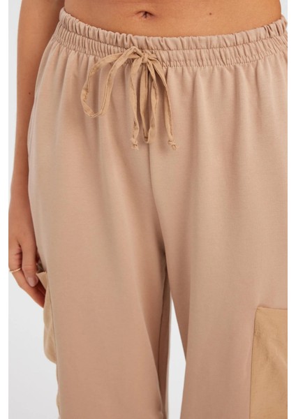 Kadın Bağcıklı Yüksek Bel Dokuma Jogger Pantolon Bej Doğal