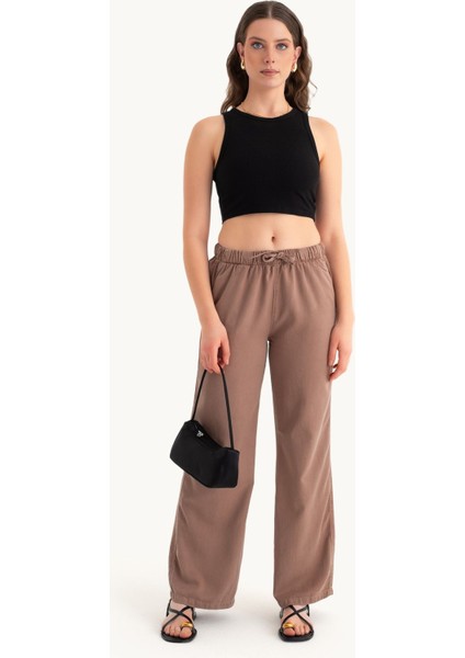 Kadın Yüksek Bel Bağcıklı Düz Bacak Pantolonlar Mocha Kahvesi