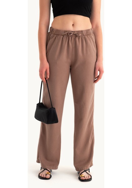 Kadın Yüksek Bel Bağcıklı Düz Bacak Pantolonlar Mocha Kahvesi