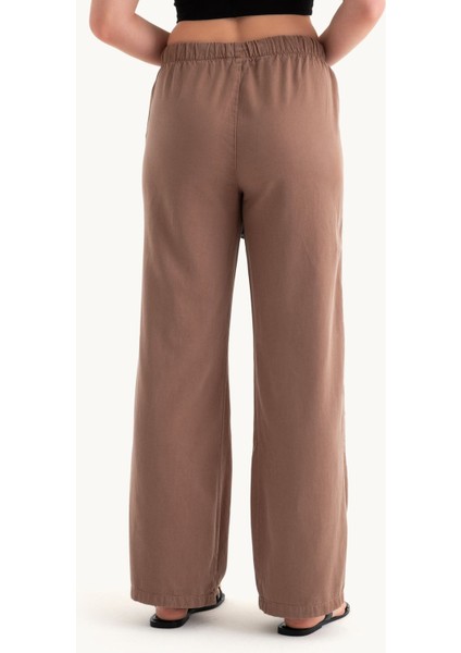 Kadın Yüksek Bel Bağcıklı Düz Bacak Pantolonlar Mocha Kahvesi