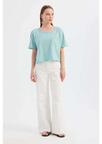 Kadın Temel Dokuma Yuvarlak Yaka Kısa Kollu T-Shirt Mavi