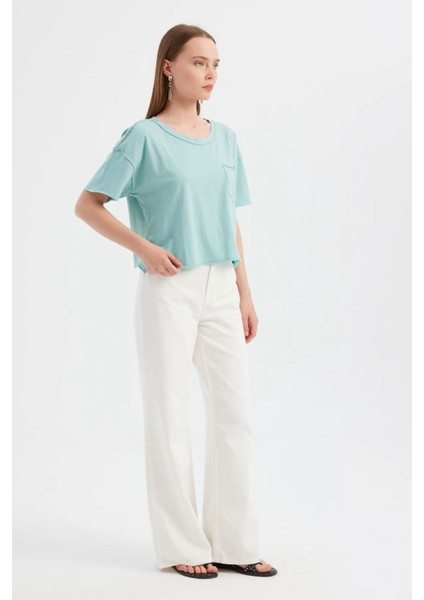 Kadın Temel Dokuma Yuvarlak Yaka Kısa Kollu T-Shirt Mavi