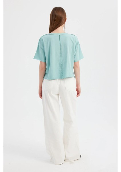 Kadın Temel Dokuma Yuvarlak Yaka Kısa Kollu T-Shirt Mavi