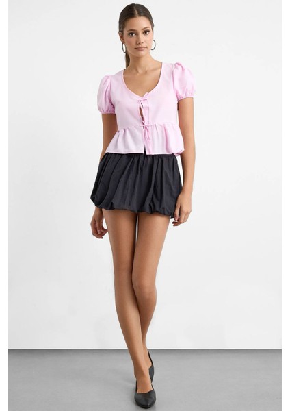 Kadın Yırtmaç Biye Detaylı V Yaka Bluz Pink