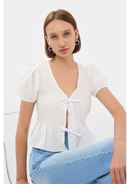 Kadın Yırtmaç Biye Detaylı V Yaka Bluz White