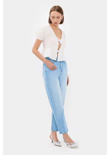 Kadın Yırtmaç Biye Detaylı V Yaka Bluz White