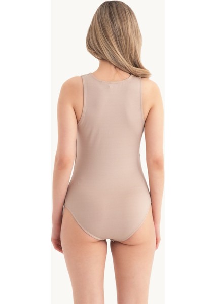 Kadın Yuvarlak Yaka Taş Süslemeli Kolsuz Vücut Bej Doğal