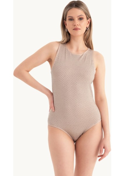 Kadın Yuvarlak Yaka Taş Süslemeli Kolsuz Vücut Bej Doğal